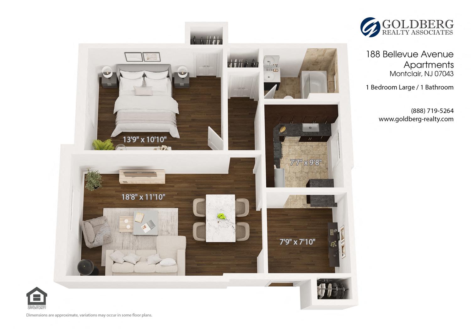 Floor plan for 1 bed, 1 bath, 670 sqft
